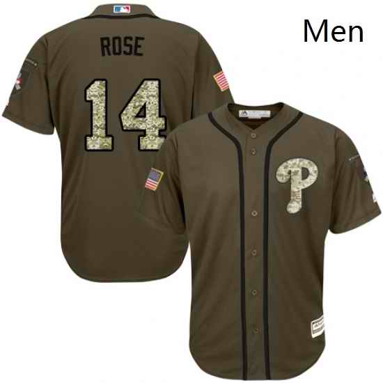 Mens Majestic Philadelphia Phillies 14 Pete Rose Authentic Green Salute to Service MLB Jersey